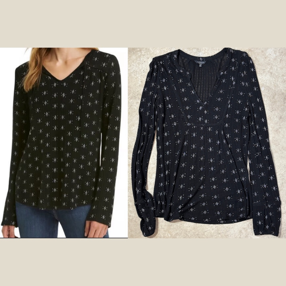 Lucky Brand Black White Floral Long Sleeve Top Women’s Small Waffle Knit V-Neck